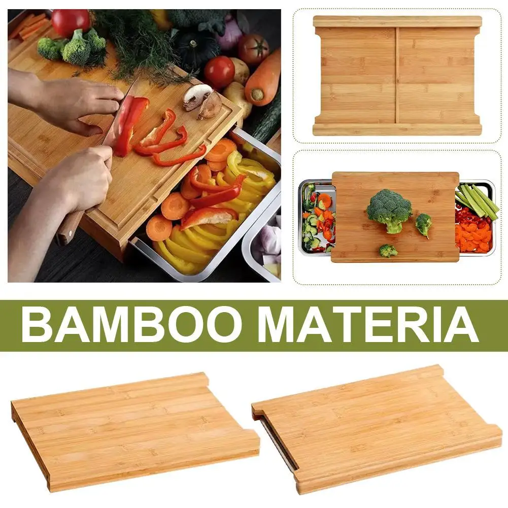 Bamboo Cutting Board With Stainless Steel Storage Hidden Tray With 2 Slide Out Drawers Non-Slip Easy Cleaning Kitchen Tool