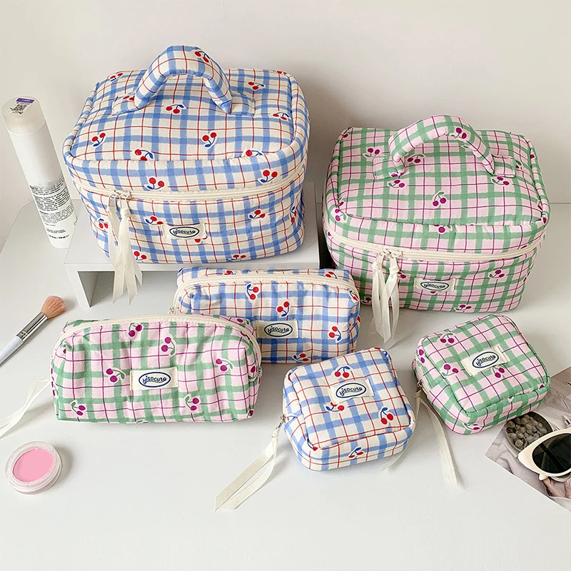 Korean Cherry Plaid Cosmetic Bag Girl Large-Capacity Cosmetics Storage Bag Travel Essential Wash Bag Bathroom Wash Bag