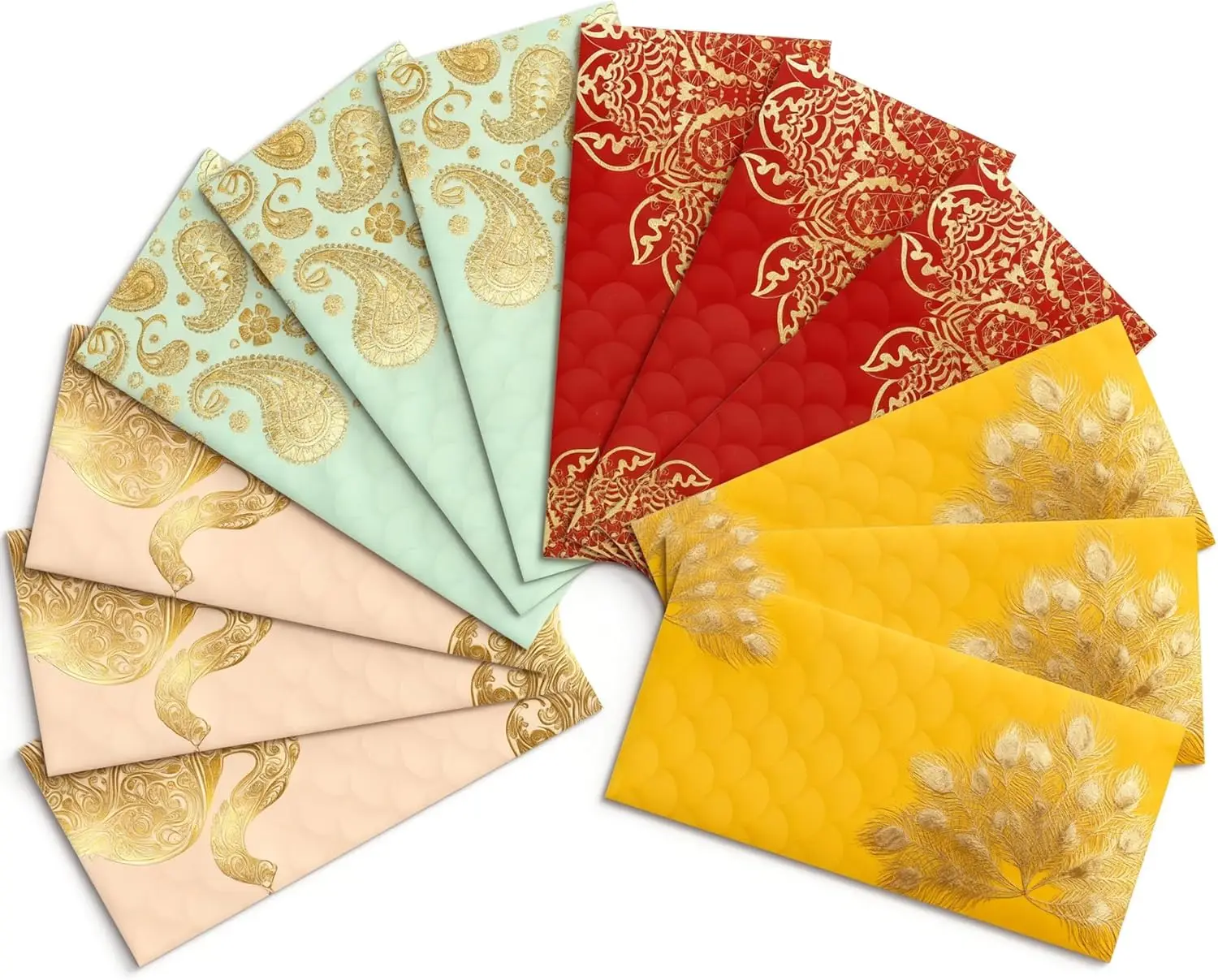 

12Pcs Shagun Money Envelopes7.5"X3.5"Colourful Design Gold Foil Holder for Thanksgiving,Diwali,Eid,Birthday,Wedding,Anniversary