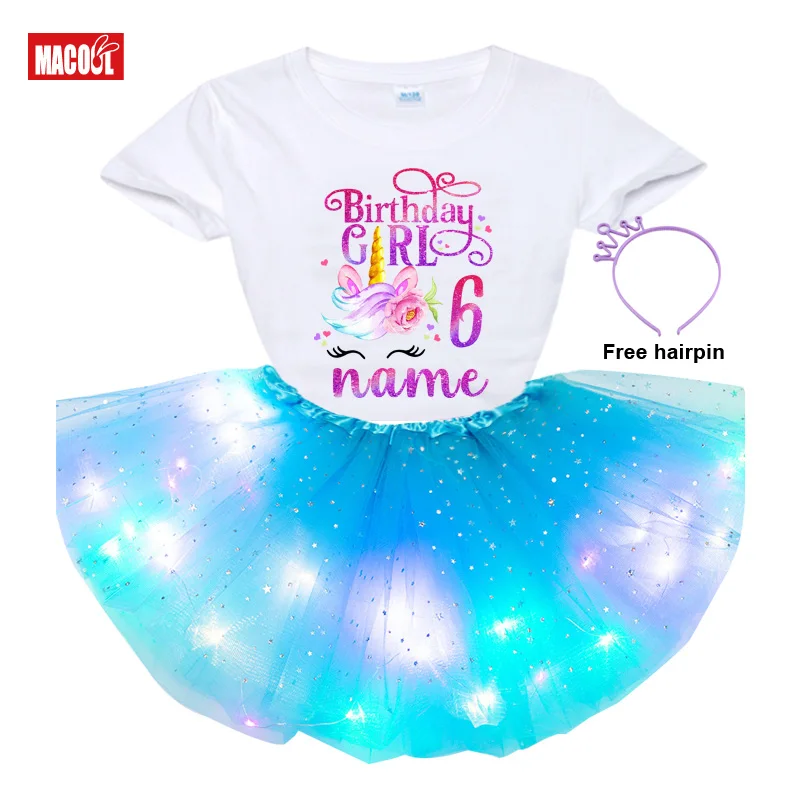 Girls Unicorn Tutu Outfit Birthday Shirt Set Unicorn Shirt for Girls Party Outfits Princess Light Dress+tshirt Dress Custom Name