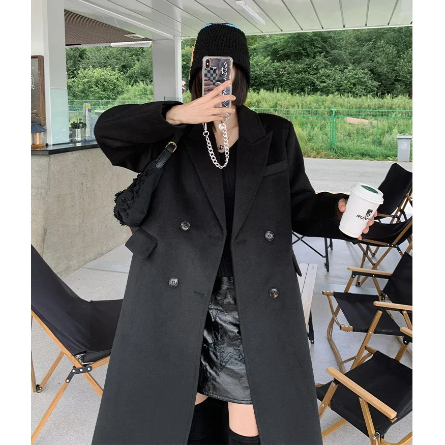 Black Wool Coat for Women 2024 New Hepburn Style Over the Knee Long Fashion Vintage Tweed Coats