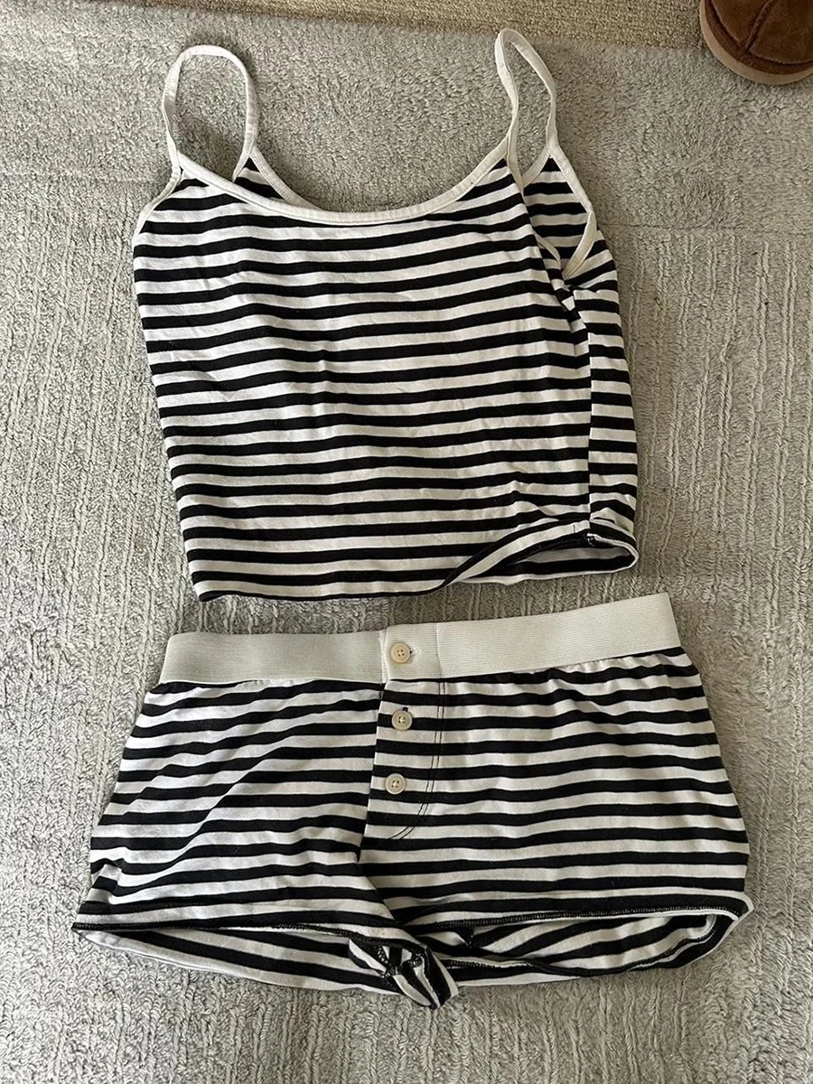 Black Striped Vest Shorts 2 Pieces Set Women Summer Slim Crop Tops With Buttons Boxer Short Pant Cotton Sweet Home Pajama Sets