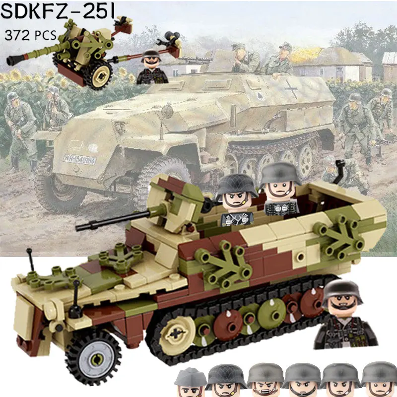 WWII German SDKFZ251 Tank Cannon MOC Building Block Soldier Figure Military Army Rockets Gun Modle Weapon Accessories Bricks Toy