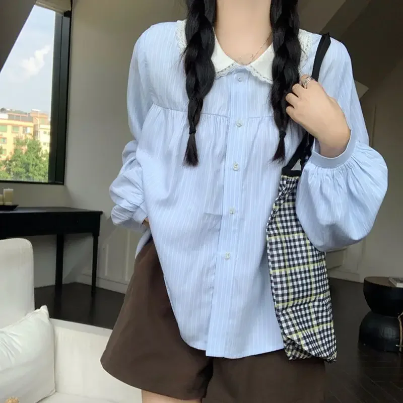 النمط الياباني قمصان مخططة النساء الكورية موضة لطيف المرقعة البلوزات طويلة الأكمام بيتر بان طوق بلايز عادية