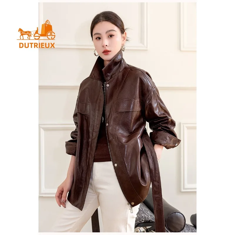 新しい秋の女性用ミッドレングス本革ジャケット、100%本物のシープスキン、スリムフィットカジュアルファッションジャケット、女性に最適