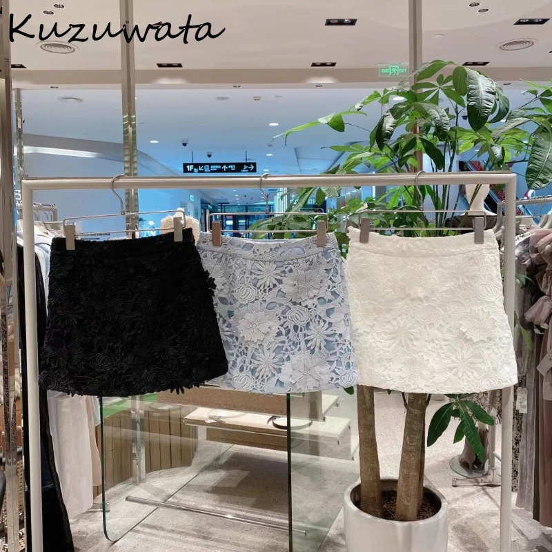 Kuzuwata a-line z wysokim stanem urocza koronka elegancka Faldas Slim Fit z wycięciami trójwymiarowa spódnica w kwiaty japonia nowa Moda Falda