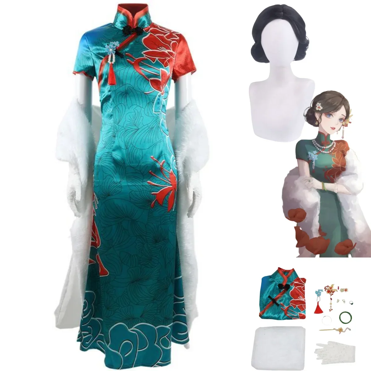 Anime Game Identity Ⅴ Michiko Geisha Lady Thirteen Cosplay Costume Chinese Style Cheongsam Wig Qipao Dress Woman Sexy Party Suit