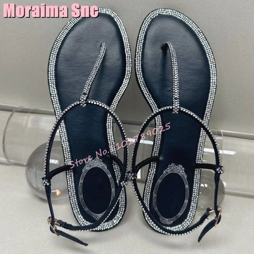 New Luxury Crystal Trim Clip Toe Flat With Sandals Bling Ankle Buckle Strap Solid Fashion Women\'s Shoes Summer Outdoor Casual
