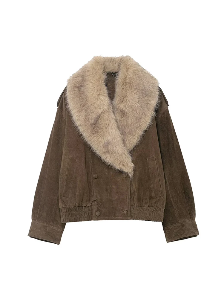    Elegante Frauen Wildleder Lose Jacke Mode Faux Pelz Kragen Zweireiher Jacke 2025, Winter High Street Kurze Streetwear