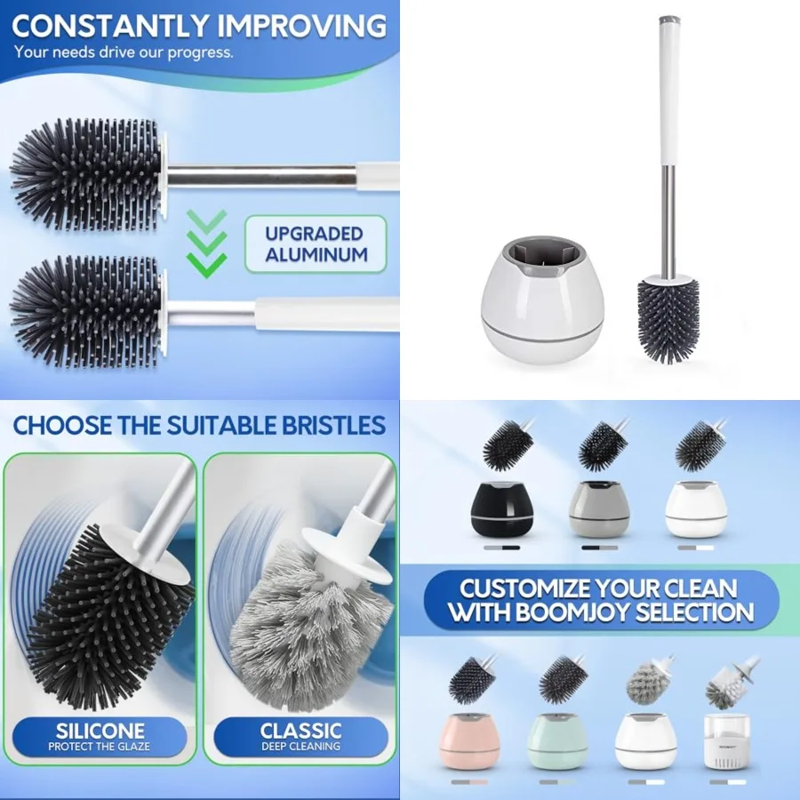 

Toilet Brush and Holder Set, Silicone Toilet Bowl Cleaner Brush, Bathroom Cleaning Bowl Kit with Tweezers, Bathroom Accessories with Aluminum Handle - White