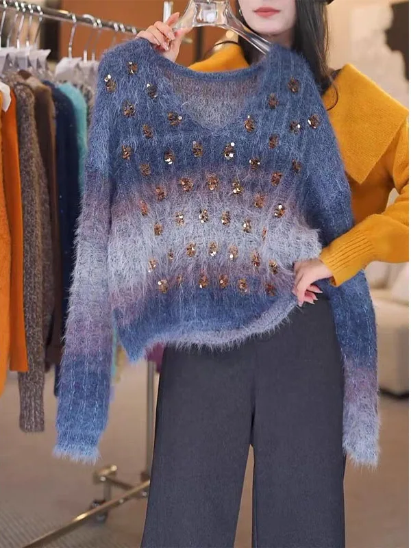 

Модный женский вязаный свитер с V-образным вырезом и пайетками, осенне-зимний, высококачественный, европейский стиль, новинка 2025 года