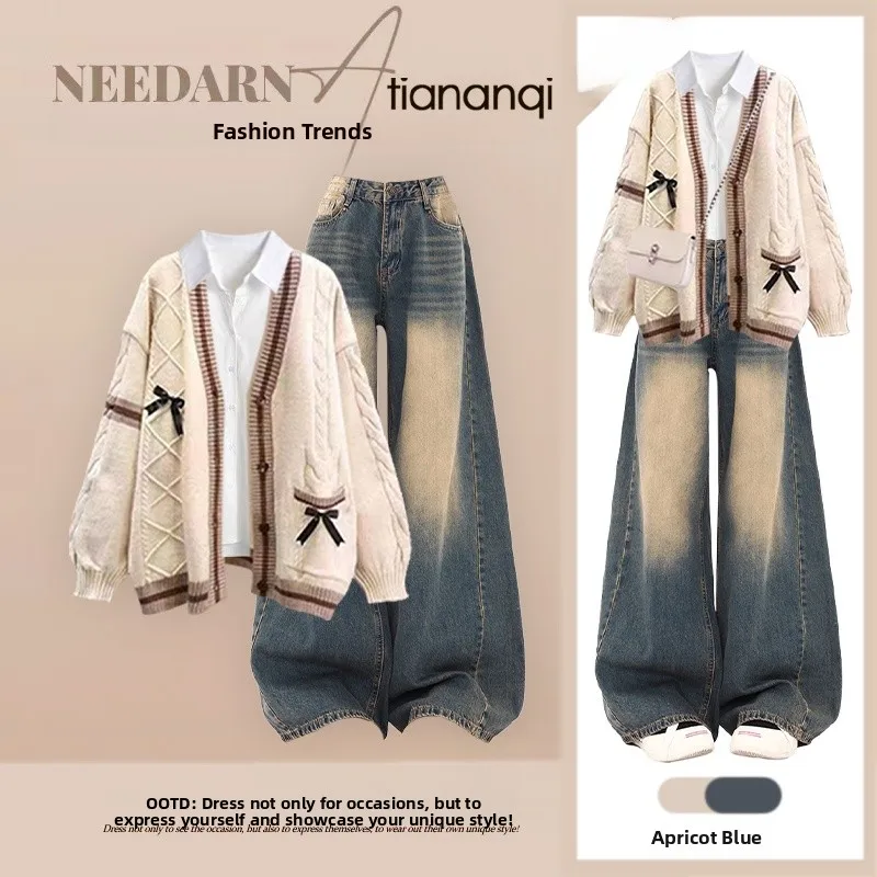 

Autumn Preppy Sle Knitted Cardigan irt High Waist Straight Leg Jeans Tee Piece Set Anti-Aging Design Faionable Ensemble