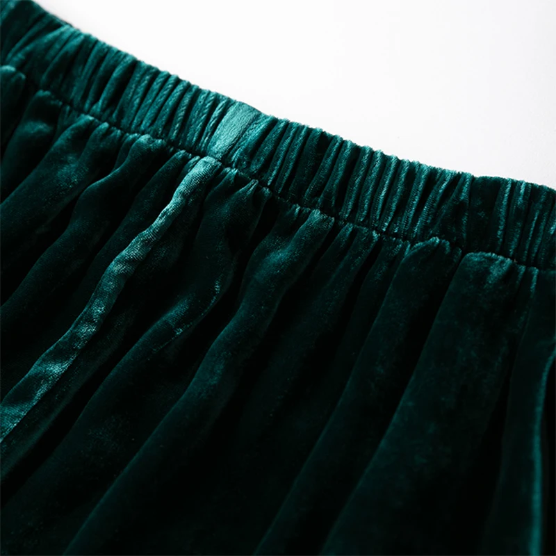 Women Velvet Silk Long Pants 100% Mulberry Silk Lining Dark Green Loose Type Wide Leg Pants Elegant Trousers Office Lady M1195