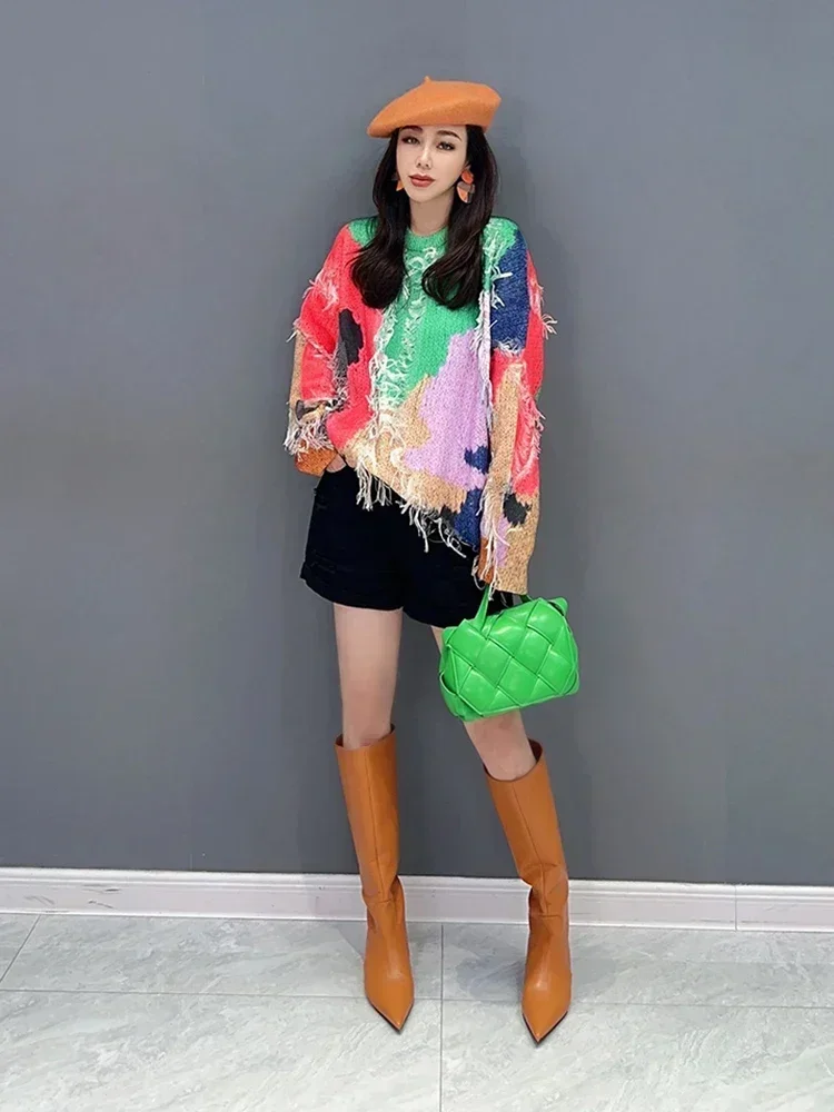 XITAO Contrast Color Tassel Knitting Sweater Personality Women Loose Pullover Top 2024 Spring New Street Trendy ZZ0120