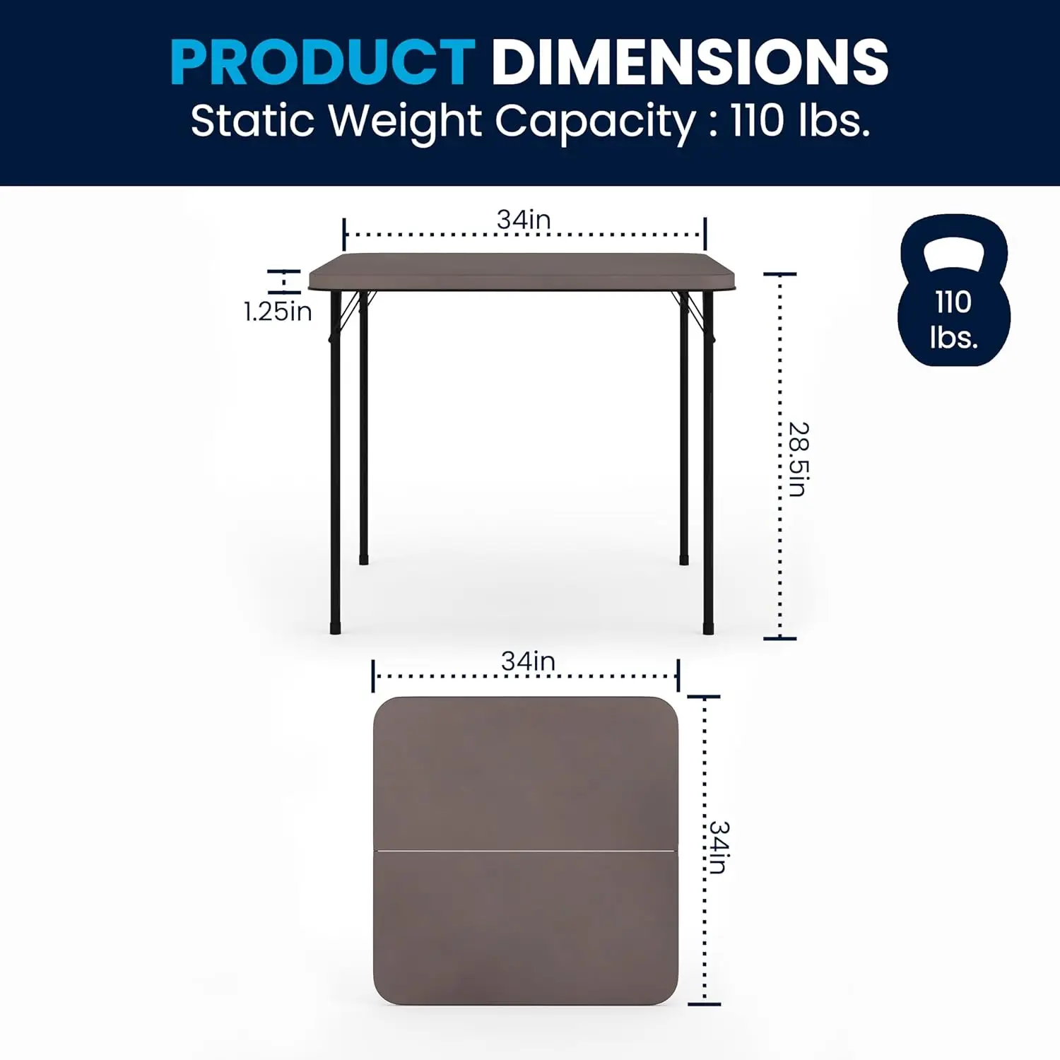 Dunham 2.83' Square Plastic Folding Event Table with Carrying Handle, Bi-Fold Banquet Table for Indoor/Outdoor E