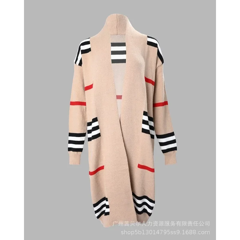 Women Autumn Knitted Long Sweater Y2K INS Clothing Outwear Striped Long Sleeve Open Front Longline Cardigan