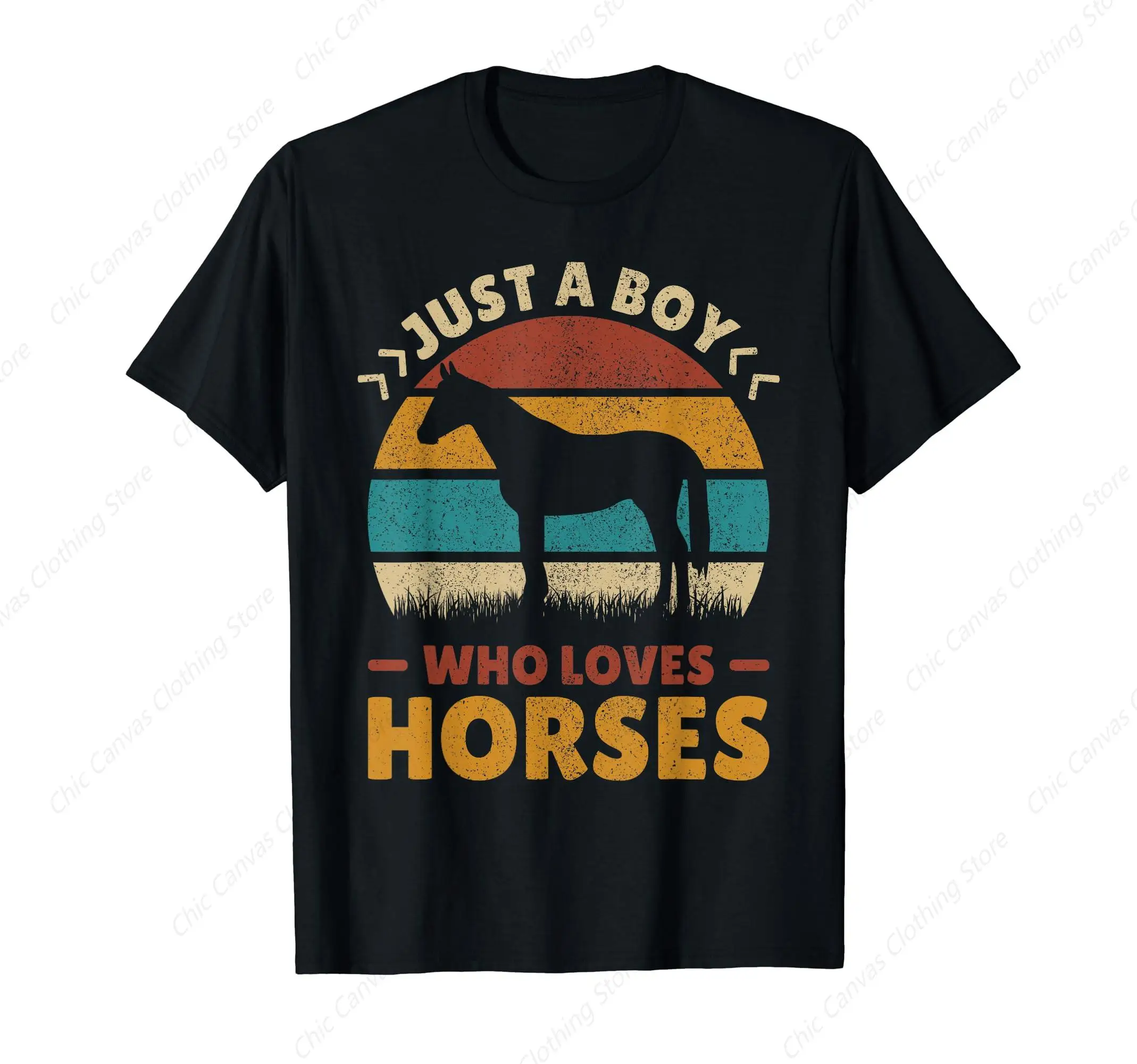 

Just A Boy Who Loves Horses Men'S Printed T-Shirt Fun And Fashionable Black Short Sleeved Pure Cotton Shirt