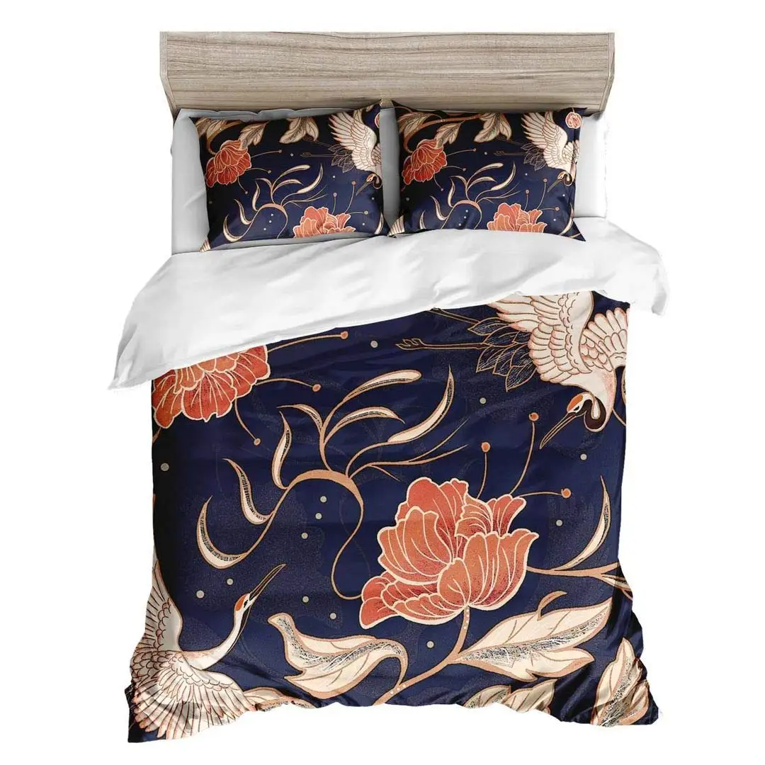 Bird Duvet Cover Set, Japanese Cranes Flying Traditional Painting Style Decor 3 Piece Bedding Set with 2 Pillow Shams, Full Size