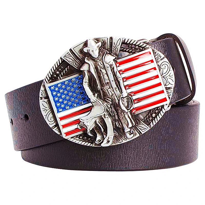 

American Flag Western Cowboy Belt Cow Skin Leather Metal Clasp Modern Cowboy Uniform Accessories Waistband For Man Gift