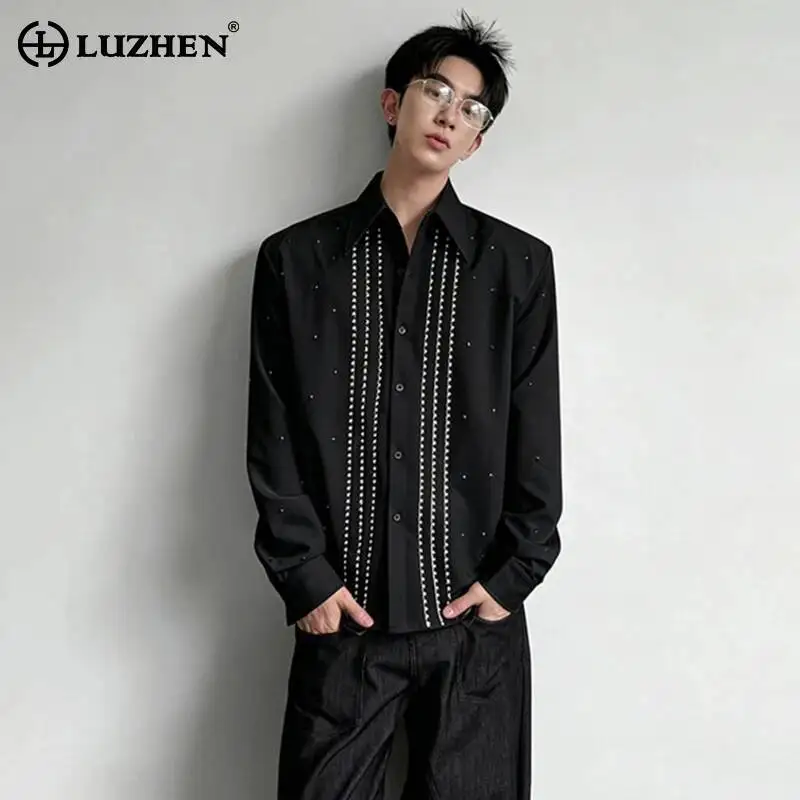 LUZHEN 2026 Spring Diamond Patchwork Stripe Shoulder Pad Long Sleeve Shirts Men's Stylish Korean Handsome Casual Clothes JY7651