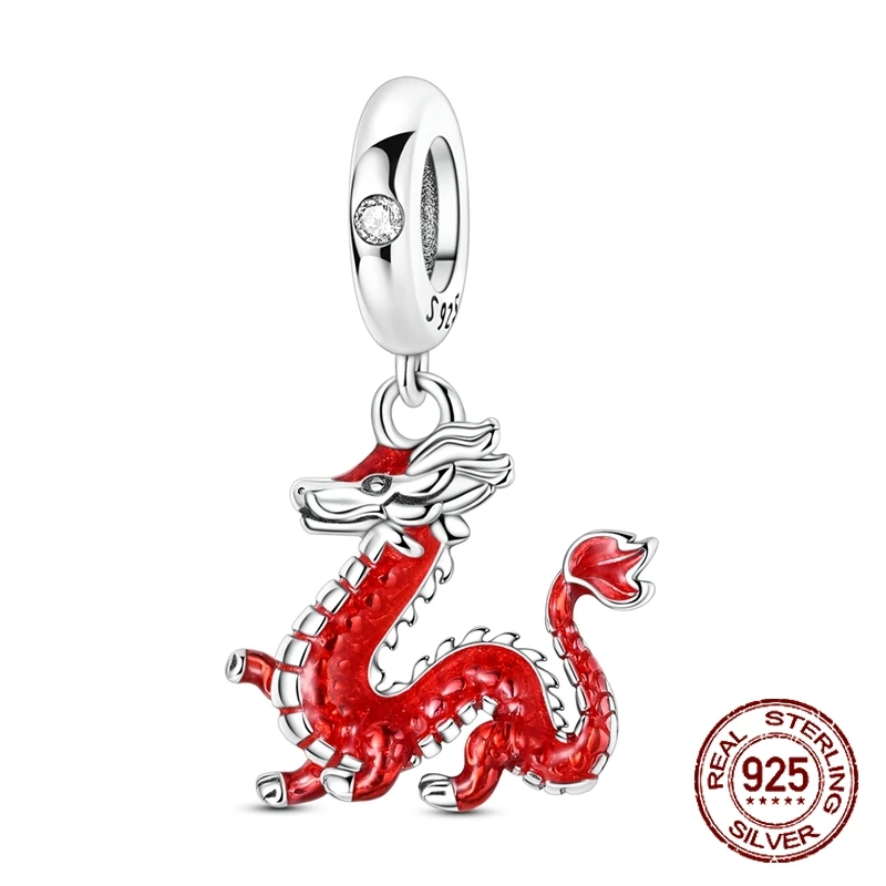 

925 Sterling Silver Auspicious Sign Red Chinese Dragon Pendant Charm Fit Original Charm Bracelets Women DIY Jewelry Gift
