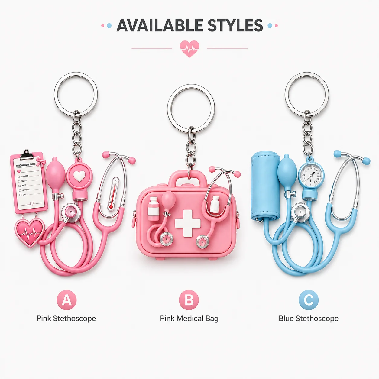 Porte-clés mini stéthoscope rose mignon, breloque de sac infirmière, accessoire cadeau plat 2D pour médecin, pour clés et sac à dos