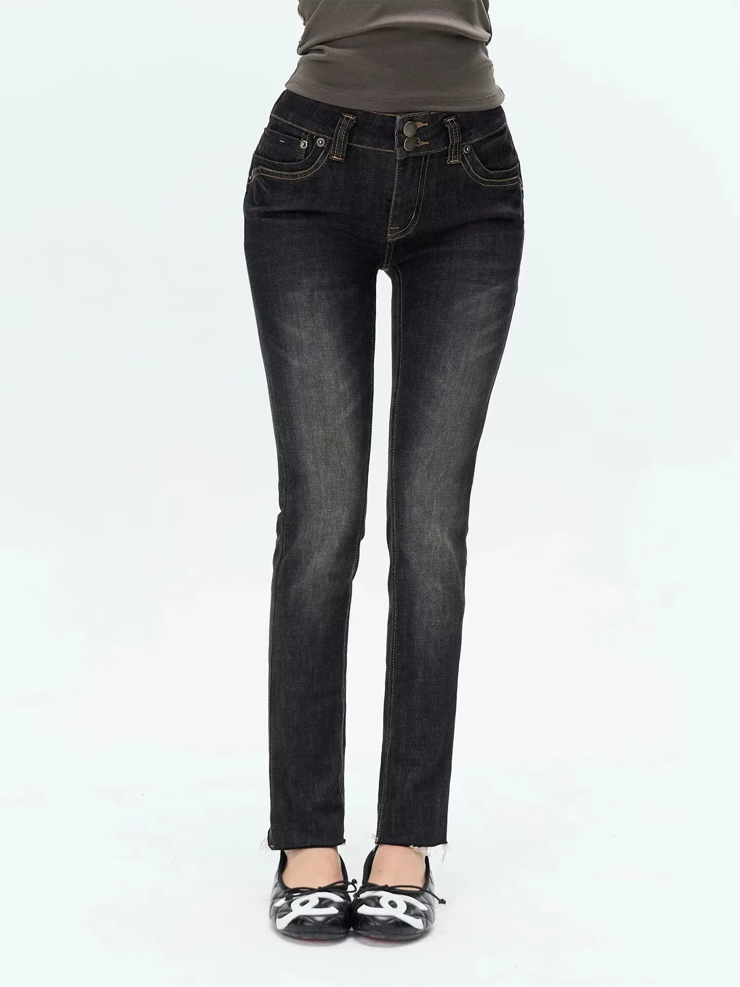 

Retro Style Washed Denim Jeans High Waist Slim Fit Nine Points Long Leg Effect Women's Fashion Autumn New Paw Pattern