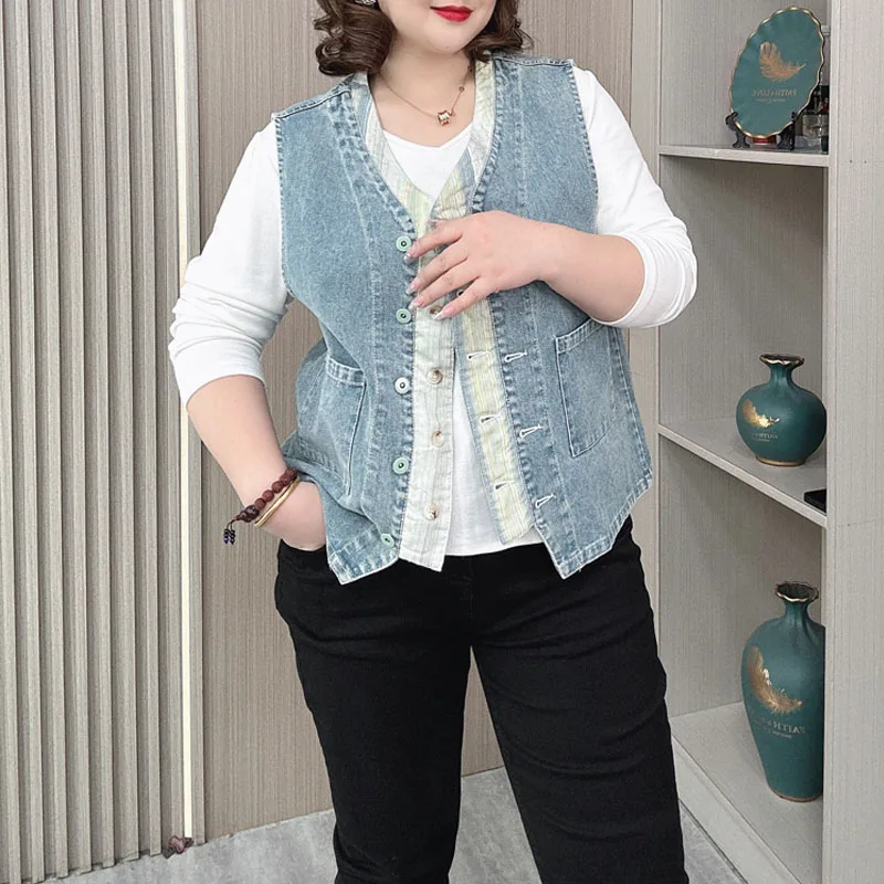 Plus Size Denim gilet giacca donna autunno nuova giuntura allentata falso due pezzi Casual stile Preppy Retro gilet 8265