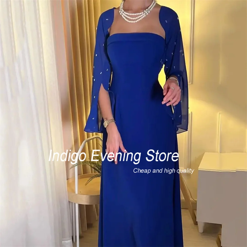 Indigo Prom Dress A-Line Long Sleeves Strapless Ankle-Length Beading Chiffon Simple Elegant Evening Gowns For Women فساتين الس