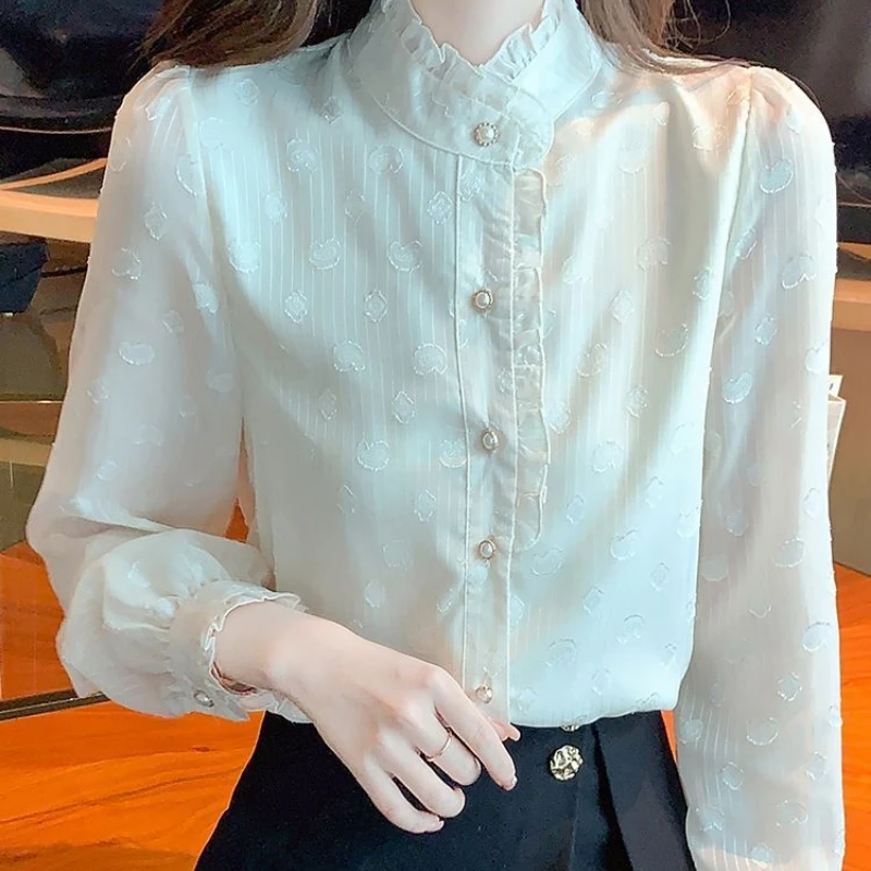 Autumn Winter New Solid Color Stand Collar Long Sleeve Shirt Women High Street Button Cardigan Vintage Elegant Thick Chic Tops