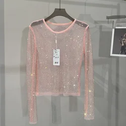 Fashion Perspective Diamond Hollow Shiny Bottom Shirt Heavy Industry Temperament Slim Rhinestone Round Neck Long Sleeve Top
