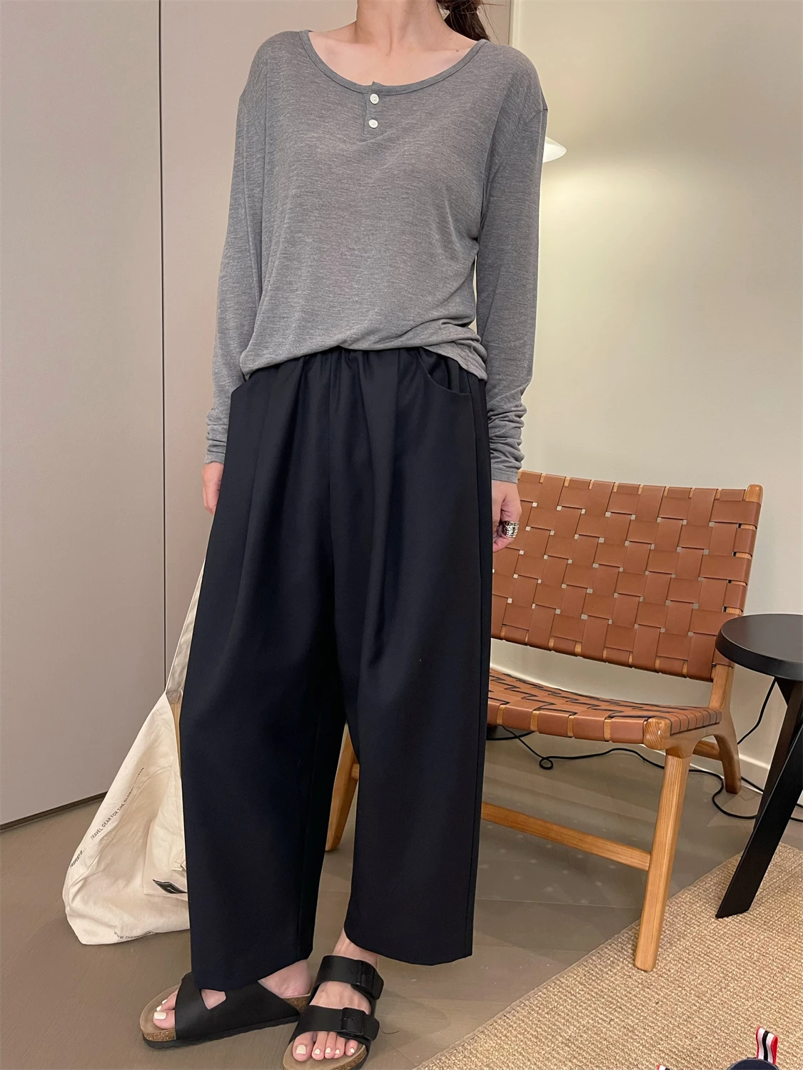 

MKDesign, осенние новые повседневные брюки Harlan Balloon 9 длин, женские шерстяные брюки с высокой талией, модные универсальные брюки...