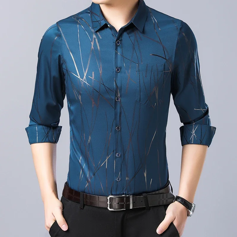 New Men's Casual Printed Long Sleeved Lapel Shirt for Spring and Autumn Fashion Comfortable Wrinkle Free Top Without Ironing