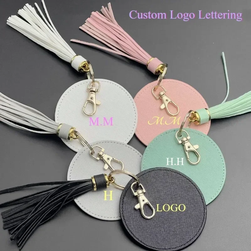 Custom Logo Round Genuine Leather Tassel Keychain Laser Engraved Door Access Card Holder Personalized Key Chain Airtag Keyring