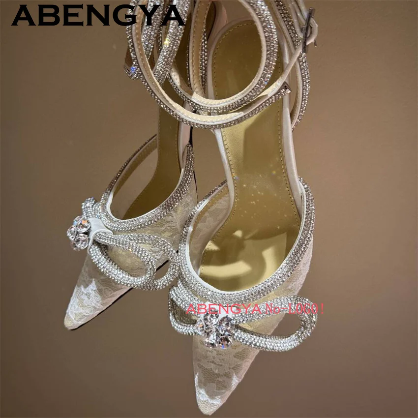 

Bride Lace Thin High Heels Sandals Women Crystal Bow Sexy Gladiator Slingback Sandals Summer Wedding Dress Party Shoes Mujer