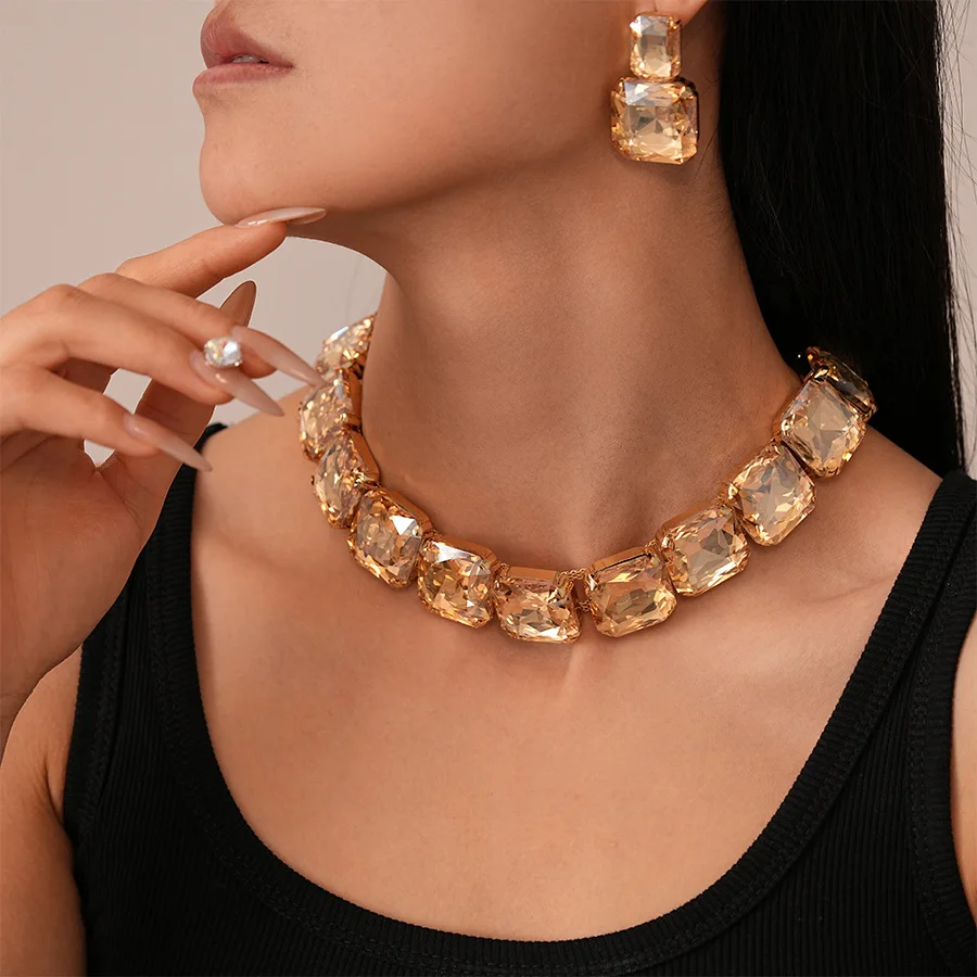 

3 Pcs Large Full Rhinestone Square Necklace Earrings Jewelry Set Exaggerated Choker Necklaces Luxury Wedding Party Accessories