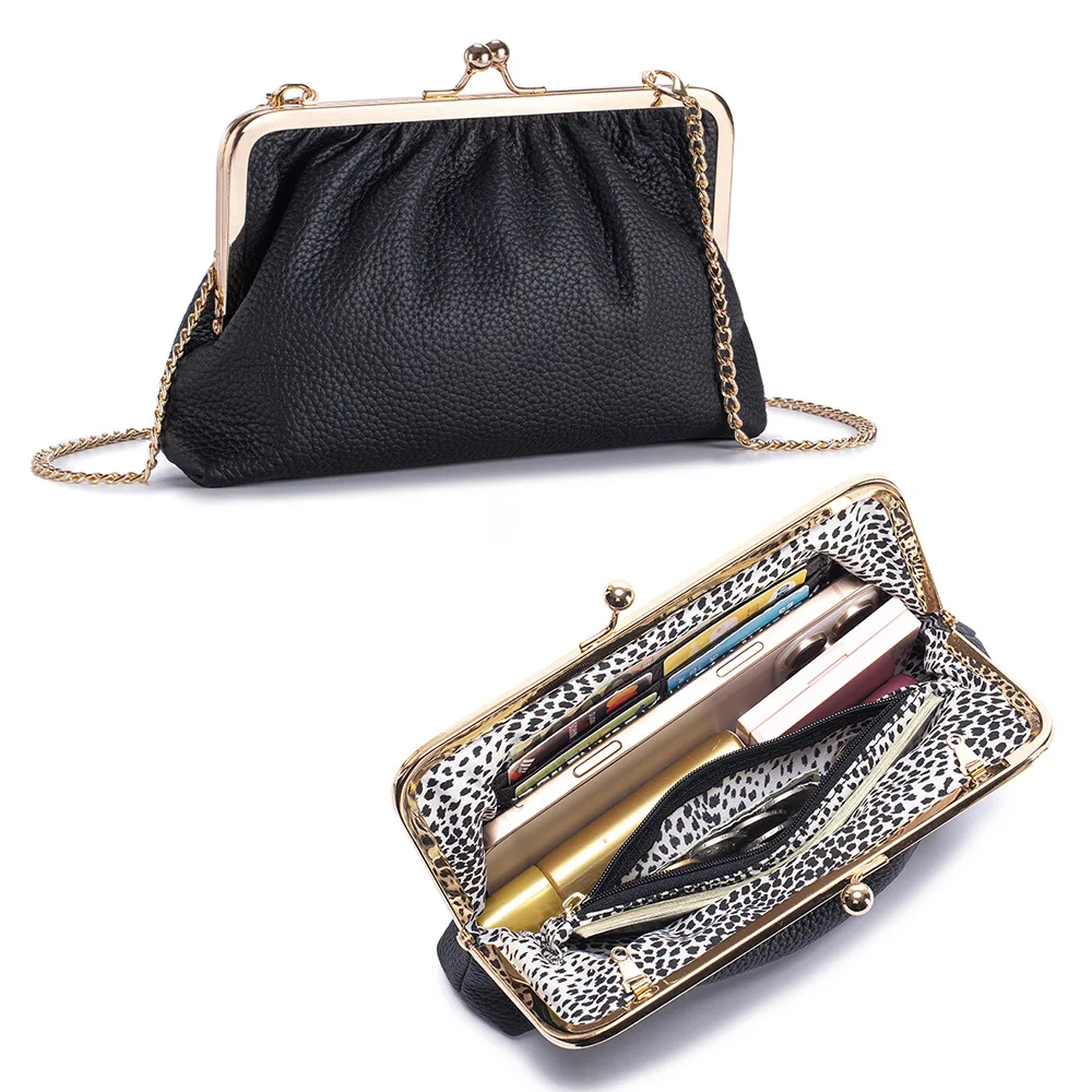 Genuine Leather Women Frame Clutch Purse, Luxury Ruched Texture Kiss‑Lock Closure Long Wallet Shoulder Crossbody Bags for Women