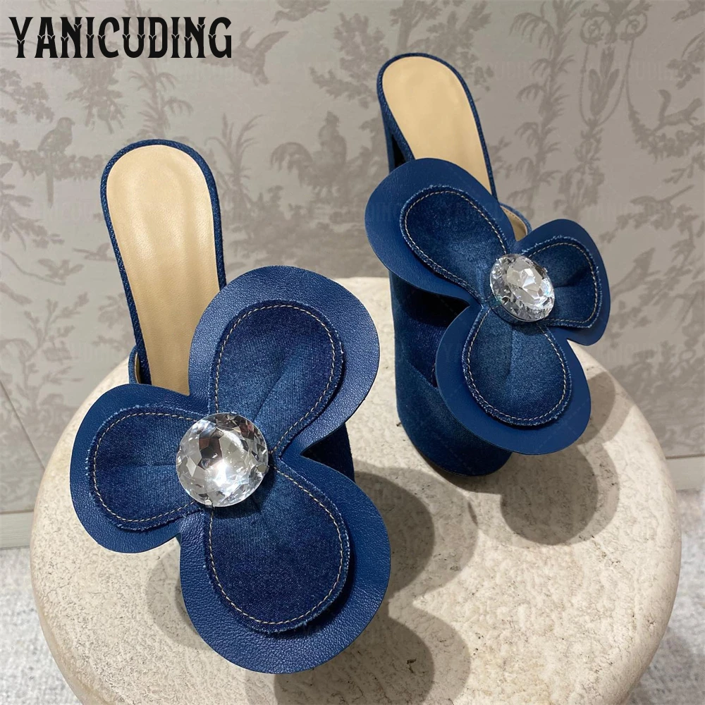 Denim Flower Crystal Slippers Platform Chunky Heeled Summer Slippers Clear Gem Slip-On Slippers Customizable in Multiple Colors