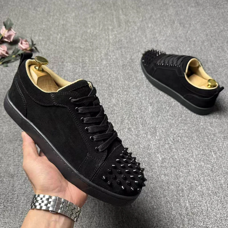 big size men fashion rivets shoes black white original leather flats shoe hip hop punk personality platform studded sneakers man