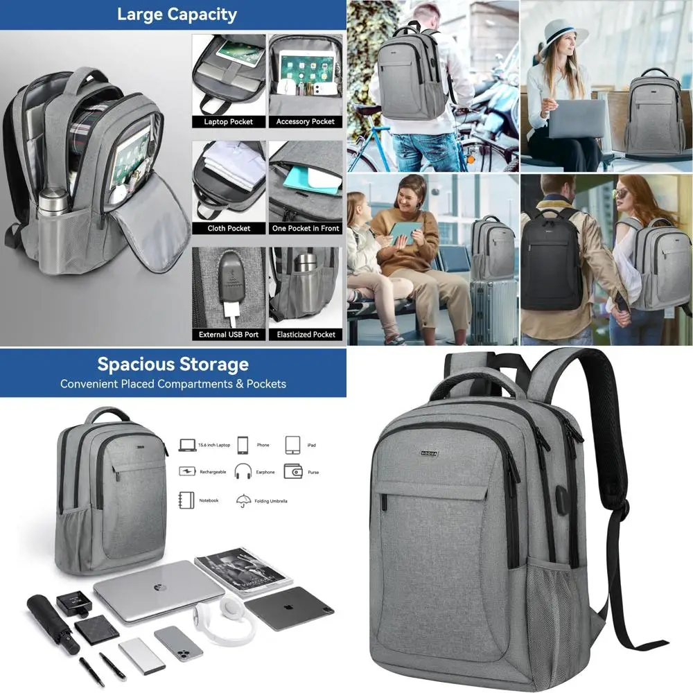 

USB-Charged, Waterproof 15.6 Laptop Backpack for Men & Women - Durable, Slim College Bag in Grey