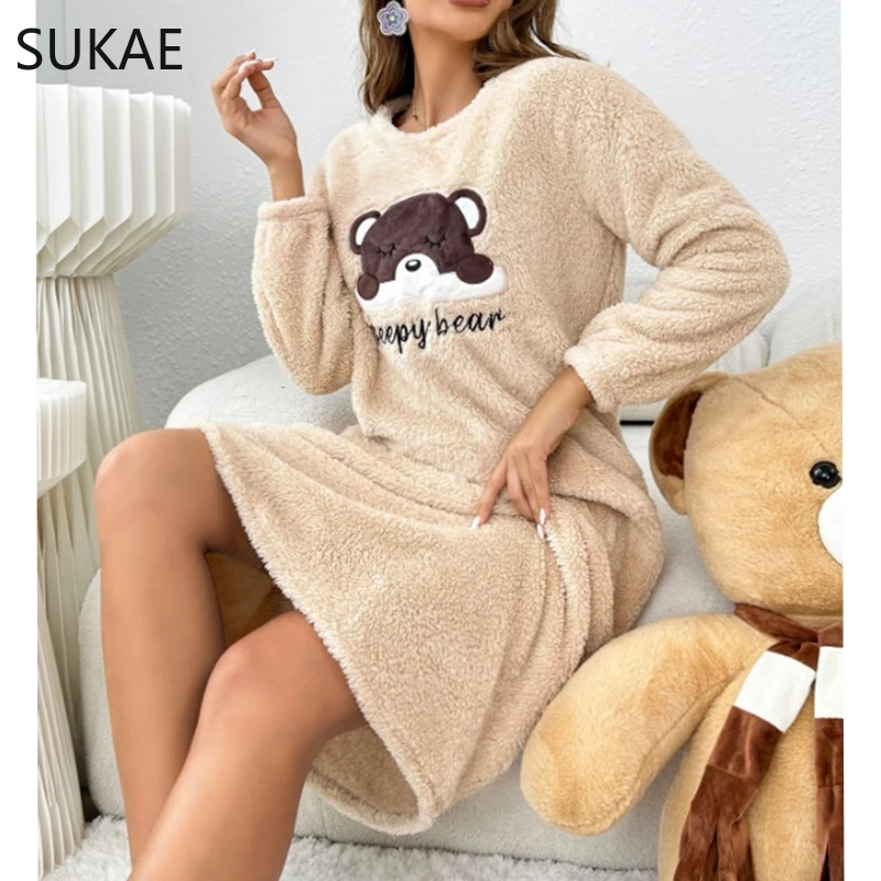 SUKAE Cute Bear Winter Women Long Sleeves Thermal Nightgowns Flannel Long Sleepshirt Pullover Fluffy Nightwear Woman Homewear