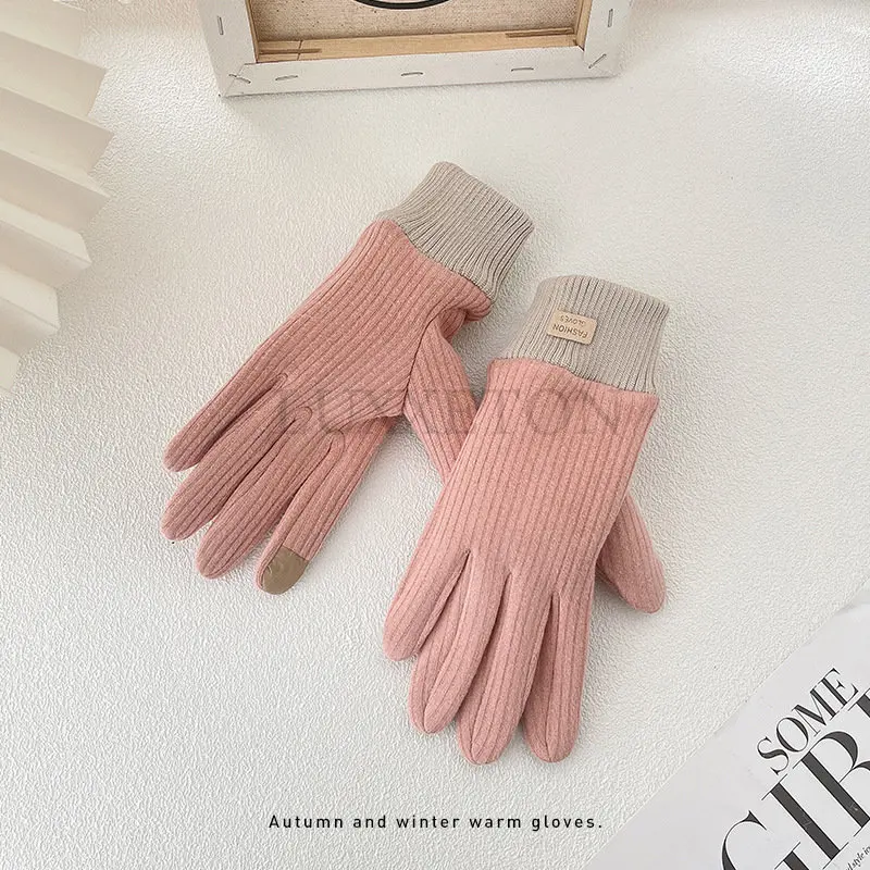 

Gloves Women Winter Plus Velvet Thickening Warm Gloves Full Finger Knitted Wool Imitation Cashmere Five-finger Fashion Stripes