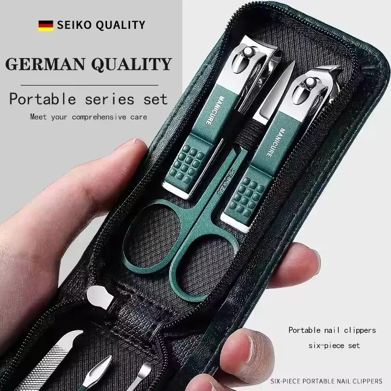 6Pcs Black Green Stainless Sttel  Stainless Steel Manicure Nails Cutter Set Nails Care Kits Pedicure With Leather Travel Case