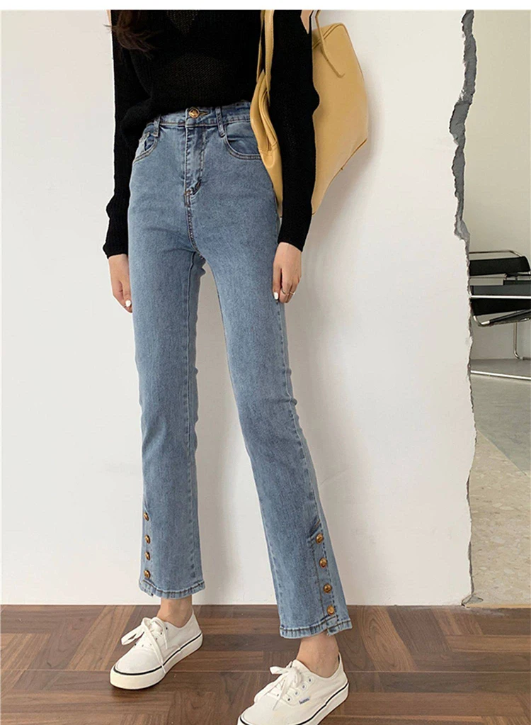2025 new high waist slimming straight leg panst women's spring and autumn split design leg button decoration jeans