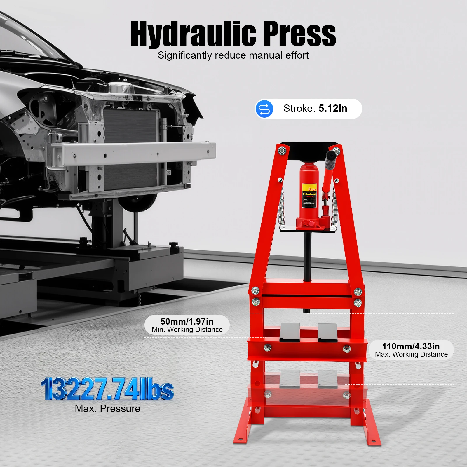 

6 Ton Hydraulic A-Frame Shop Press Manual Workshop Tool for Bearing Bush Removal Metal Bending Car Repair Garage