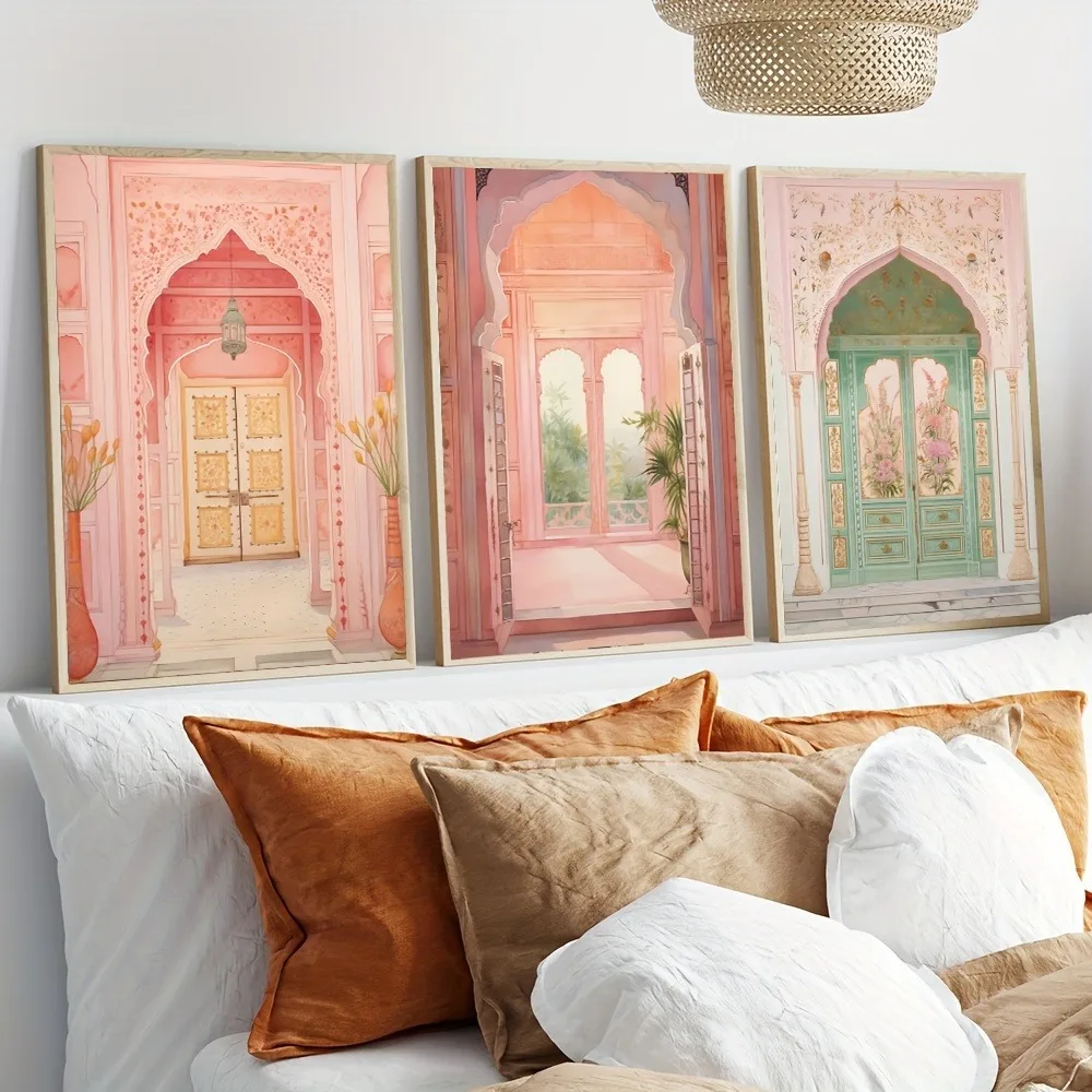 3pcs Frameless Abstract Indian Retro Indian Peacock Palace Canvas Painting Art Poster Bedroom and Living Room Wall Decoration