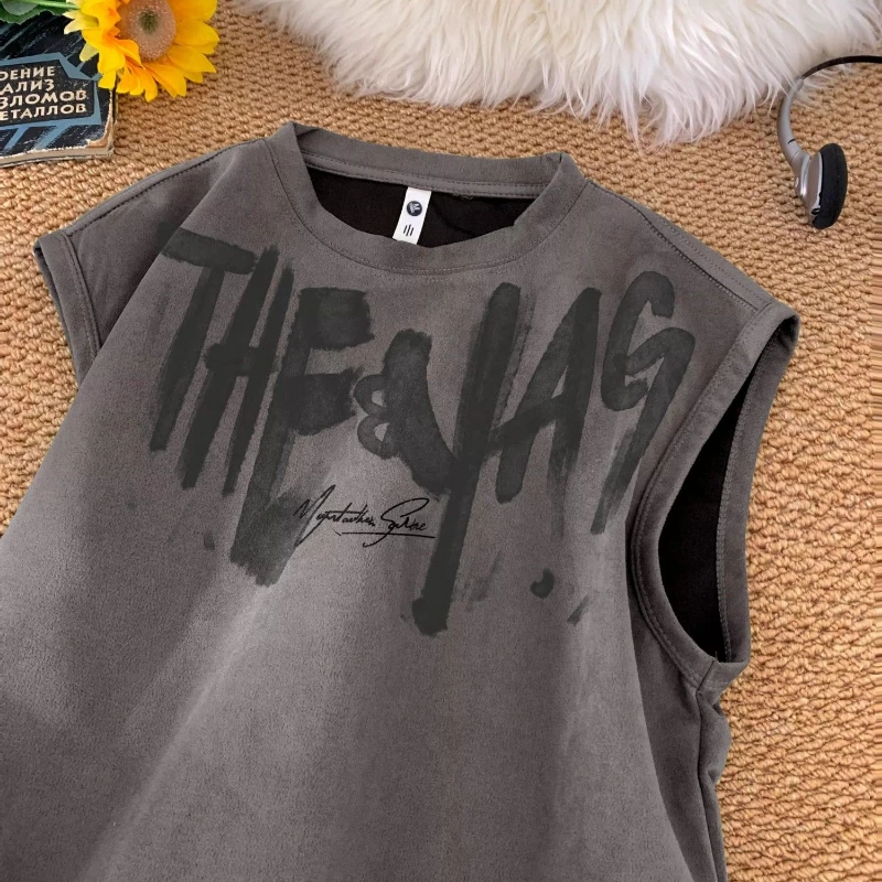 

American Street Graffiti Suede Vest Men's Summer Thin Fashion Brand Fitness Sports Vest Loose Sleeveless T-shirt