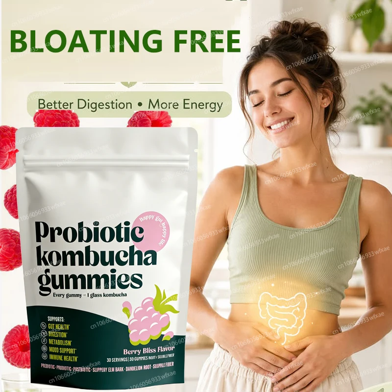 Gomitas Probióticas de Kombucha que Promueven la Salud Intestinal, Alivian la Hinchazón con Prebióticos, Probióticos, Postbióticos y Corteza de Olmo Resbaladizo