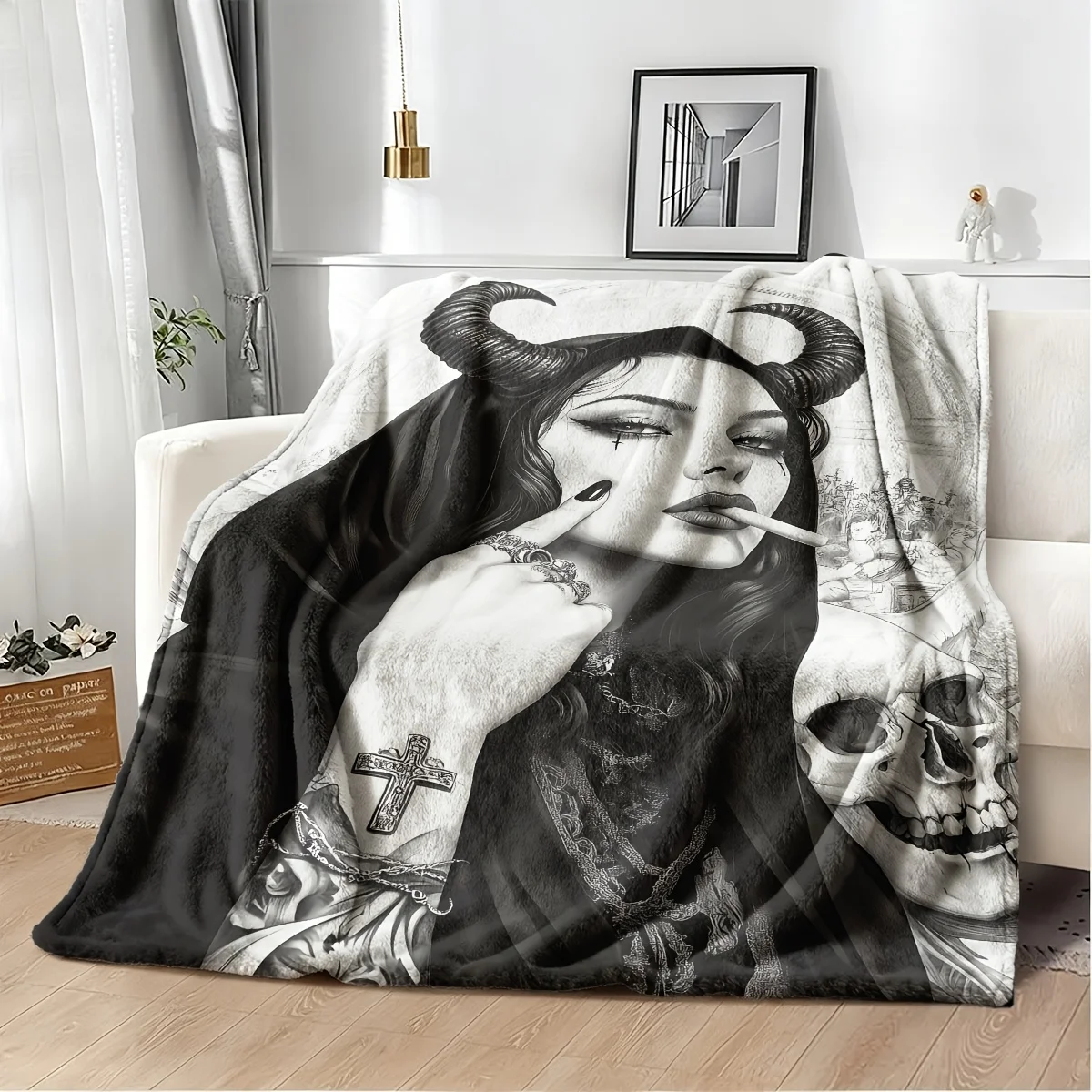 Large Gothic Skull Art Blanket Throw Cozy Fleece Aesthetic Dark Academia Witch Vampire Decor 150x230cm