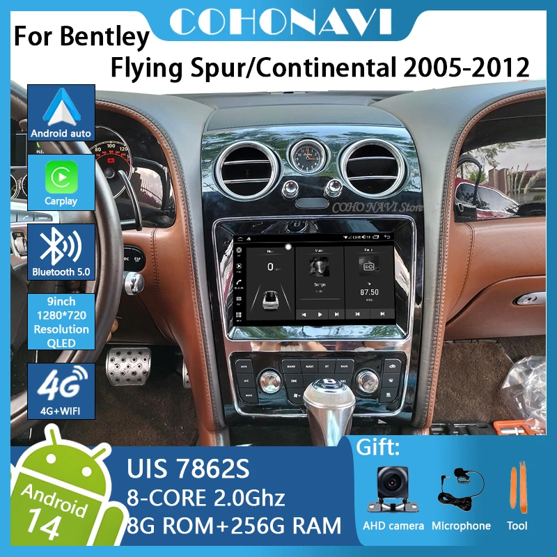 9 Inch Android14 MediaCarPlayer For Bentley Flying Spur/Continental 2005-2012 GPS Navigation 8Core 8+256G CarPlay 4G 1280*720